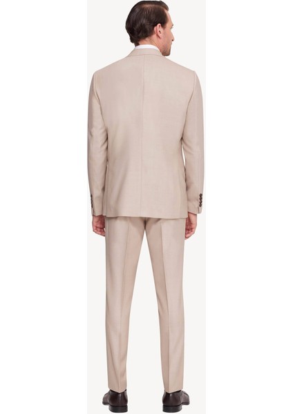 Erkek Krem Slim Fit Sivri Yaka Yelekli Takım Elbise