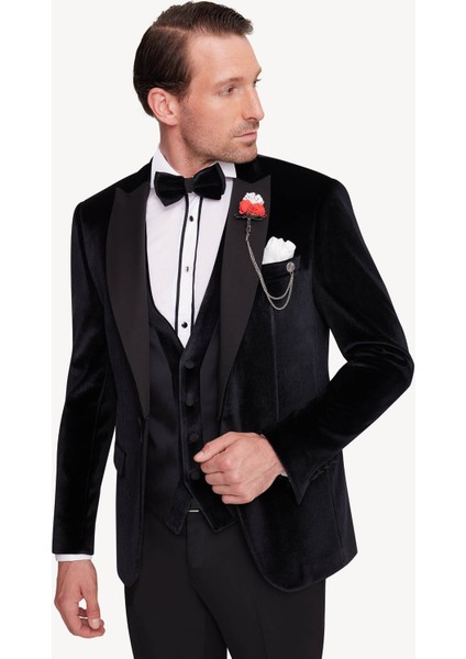 Erkek Siyah Slim Fit Sivri Yaka Kadife Damatlık