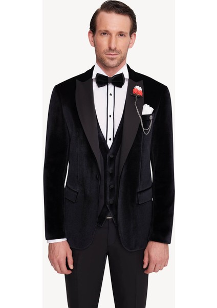 Erkek Siyah Slim Fit Sivri Yaka Kadife Damatlık modelleri