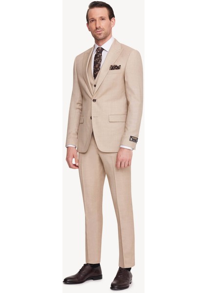 Erkek Bej Slim Fit Sivri Yaka Takım Elbise