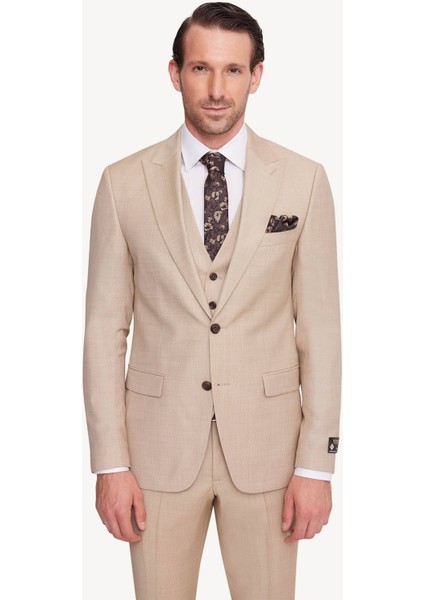 Erkek Bej Slim Fit Sivri Yaka Takım Elbise