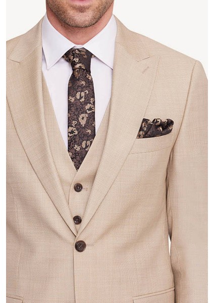 Erkek Bej Slim Fit Sivri Yaka Takım Elbise