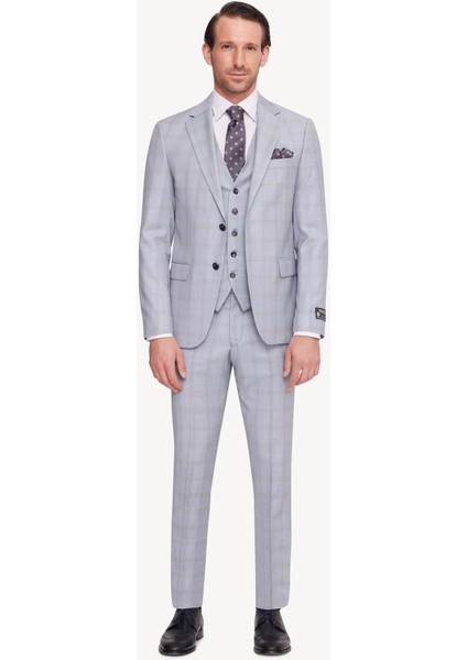 Erkek Gri Mavi Slim Fit Mono Yaka Yelekli Takım Elbise