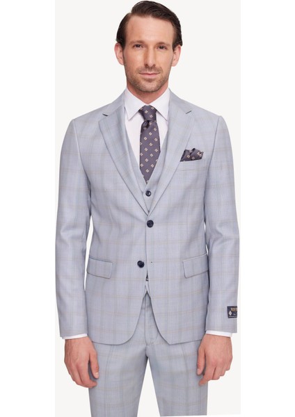 Erkek Gri Mavi Slim Fit Mono Yaka Yelekli Takım Elbise