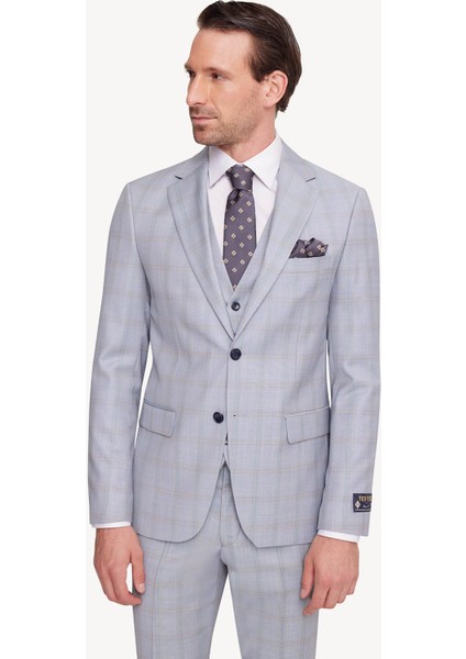 Erkek Gri Mavi Slim Fit Mono Yaka Yelekli Takım Elbise