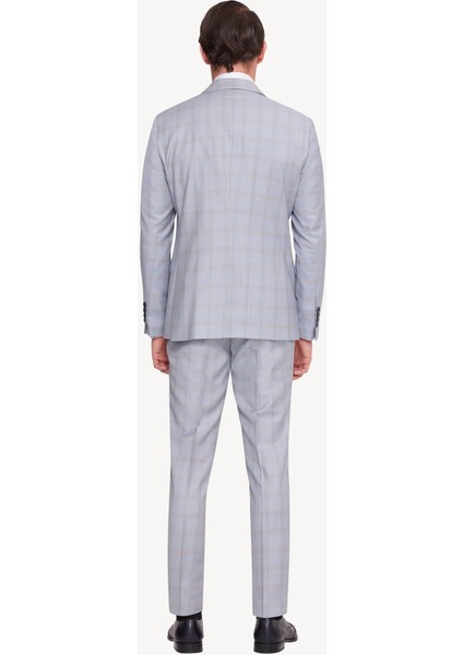 Erkek Gri Mavi Slim Fit Mono Yaka Yelekli Takım Elbise