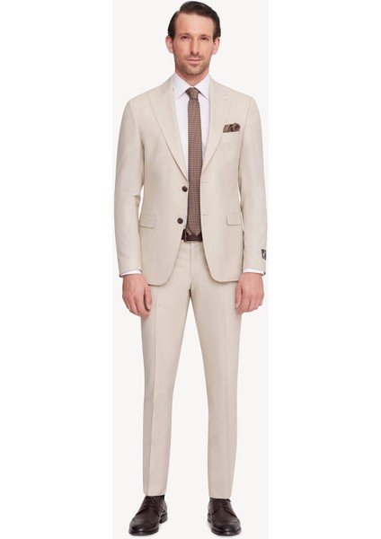 Erkek Krem Slim Fit Sivri Yaka Takım Elbise