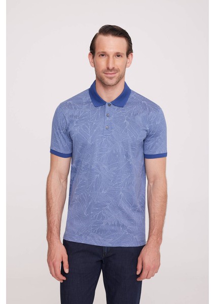 Erkek Mavi Polo Yaka Desenli T-Shirt