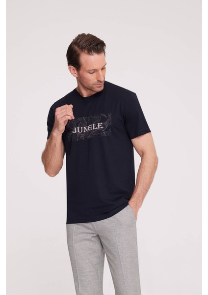 Erkek Lacivert Bisiklet Yaka Desenli T-Shirt
