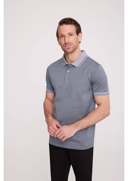 Erkek Gri Polo Yaka Desenli TShirt