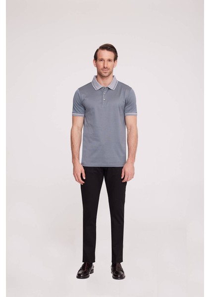 Erkek Gri Polo Yaka Desenli TShirt