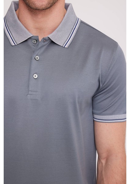 Erkek Gri Polo Yaka Desenli TShirt