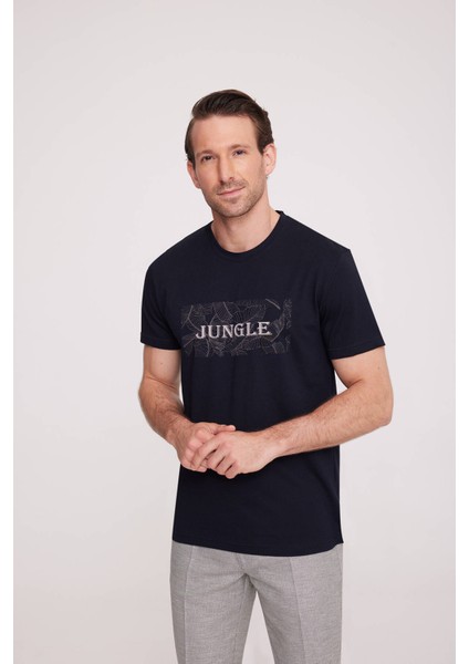 Erkek Lacivert Bisiklet Yaka Desenli T-Shirt fiyatları