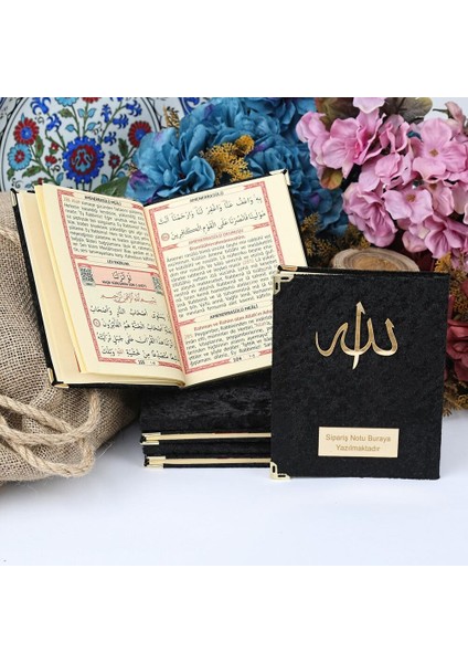 Hediyelik Kadife Kaplı Yasin Kitabı, Seccade, Kokulu Tesbih, Asetat Kutulu (26×23) Paket Siyah