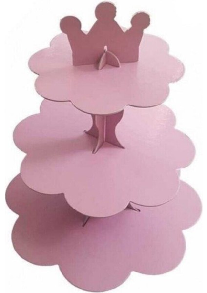 Kek Standı Düz Pembe Renk Prenses Tacı Detaylı