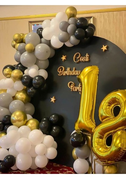 18 Yaş Doğum Günü Konsept Balon ve Balon Zinciri 100 Adet Lateks Balon Gri Siyah Beyaz Gold Balon