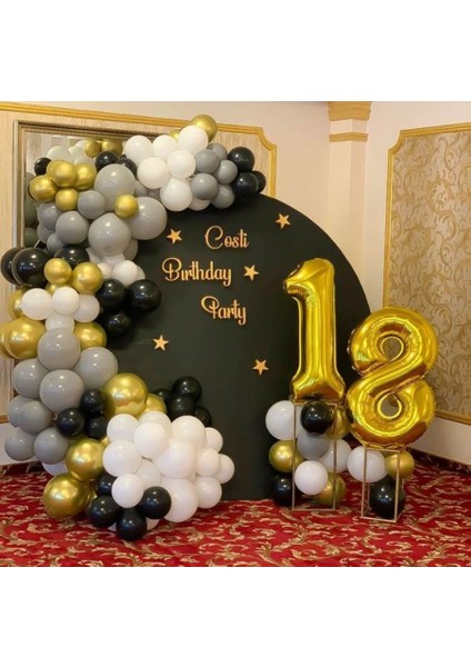 18 Yaş Doğum Günü Konsept Balon ve Balon Zinciri 100 Adet Lateks Balon Gri Siyah Beyaz Gold Balon
