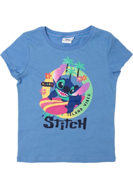 Dısney Stıtch Simli Baskılı Çocuk Tshirt 54937-Mavi