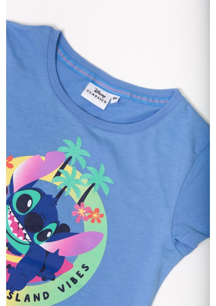 Dısney Stıtch Simli Baskılı Çocuk Tshirt 54937-Mavi