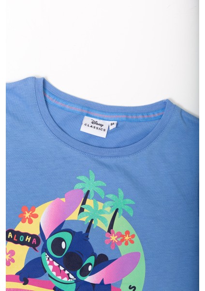 Dısney Stıtch Simli Baskılı Çocuk Tshirt 54937-Mavi