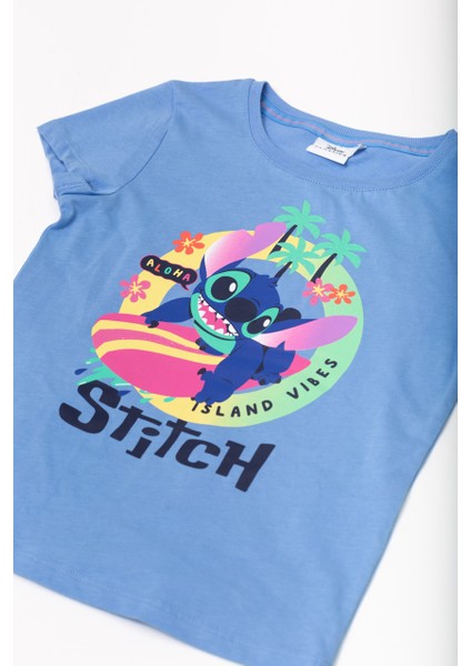 Dısney Stıtch Simli Baskılı Çocuk Tshirt 54937-Mavi