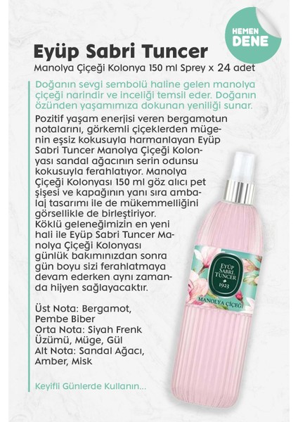 Manolya Çiçeği Kolonyası Silindir Pet Sprey Şişe 150 ml x 24 Adet fiyatları