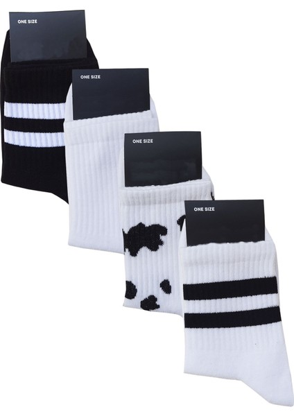 4lü Unisex Inek Desenli Kısa Konç Çorap Siyah-Beyaz Tenis Spor