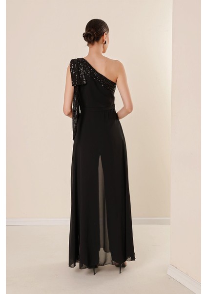 Pulpayet Yaka Tek Omuzlu Üstü Şifon Krep Tulum Siyah