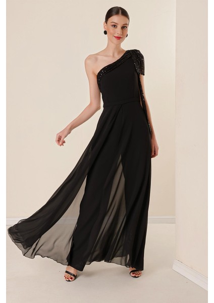 Pulpayet Yaka Tek Omuzlu Üstü Şifon Krep Tulum Siyah fiyatları