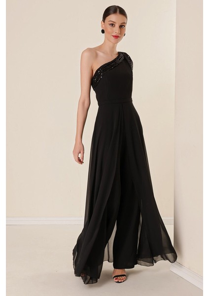 Pulpayet Yaka Tek Omuzlu Üstü Şifon Krep Tulum Siyah fırsatları