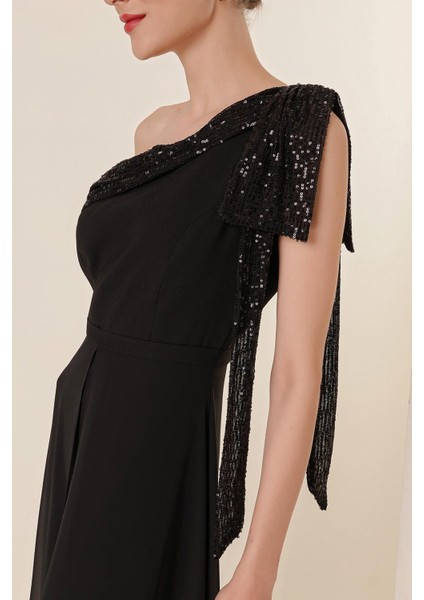 Pulpayet Yaka Tek Omuzlu Üstü Şifon Krep Tulum Siyah indirimleri