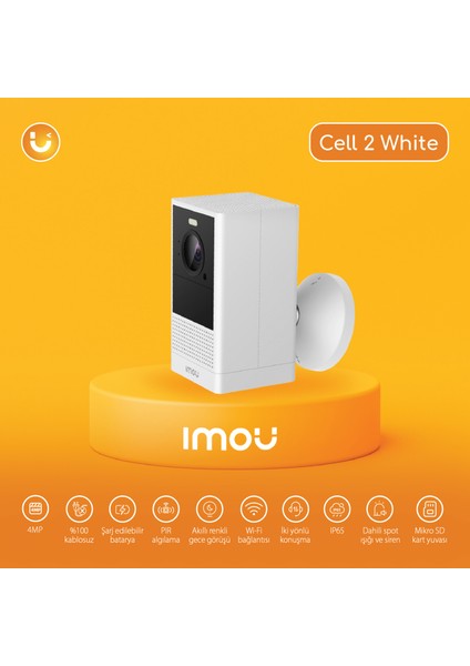 IMOU Cell 2 White Dış Ortam Kablosuz WiFi Kamera/4MP-Renkli Gece Görüşü-PIR Algılama-Şarj Edilebilir Batarya-IP65-SD Kart-Bulut(IPC-B46LP-White)