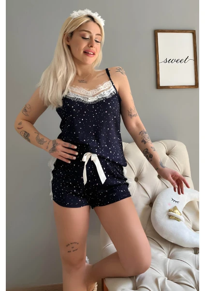 Pijama Evi Lacivert Yıldız Dantel Detaylı Ip Askı Şortlu Örme Pijama Takımı