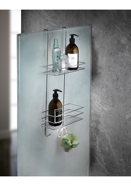 2 Katlı Askılı Banyo Duş Rafı Sabunluk Şampuanlık Duşakabin Askısı Krom