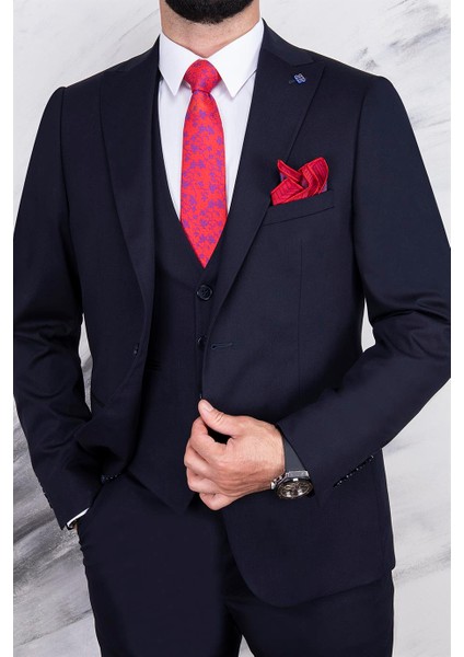 Erkek Slim Fit Sivri Yaka Koyu Lacivert Yelekli Takım Elbise