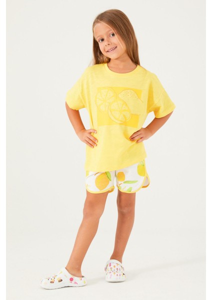 3086 Garson Fruit Pattern Açık Yeşil Kız Çocuk Şort Takım