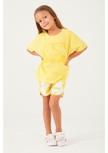 3086 Garson Fruit Pattern Açık Yeşil Kız Çocuk Şort Takım modelleri