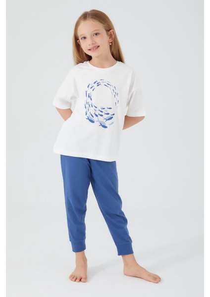 3091 Garson Dolphin Detailed Krem Kız Çocuk Kısa Kol Pijama Takım