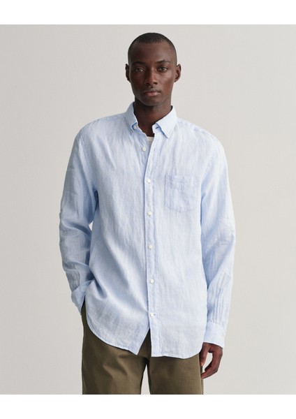 Erkek Mavi Regular Fit Düğmeli Yaka Çizgili Keten Gömlek 3230081.468