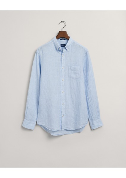 Erkek Mavi Regular Fit Düğmeli Yaka Çizgili Keten Gömlek 3230081.468 fırsatları