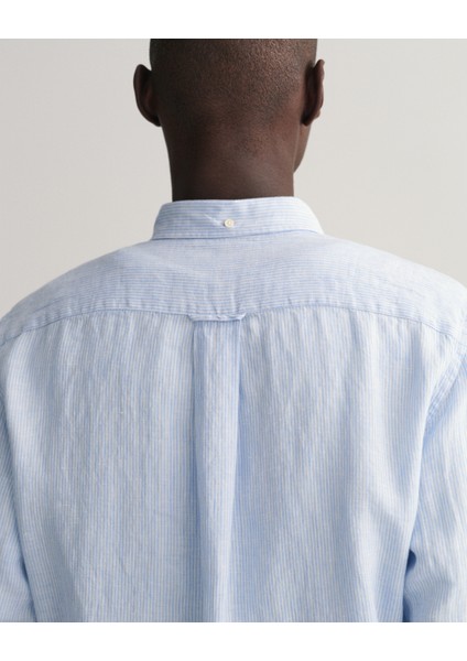 Erkek Mavi Regular Fit Düğmeli Yaka Çizgili Keten Gömlek 3230081.468 indirimleri