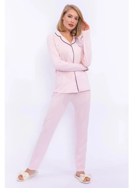 Pierre Cardin 7717 Kadın Modal Uzun Kollu Önden Düğmeli Pijama Takımı-Pembe