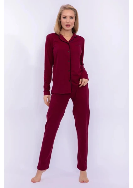 Pierre Cardin 7717 Kadın Modal Uzun Kollu Önden Düğmeli Pijama Takımı-Bordo