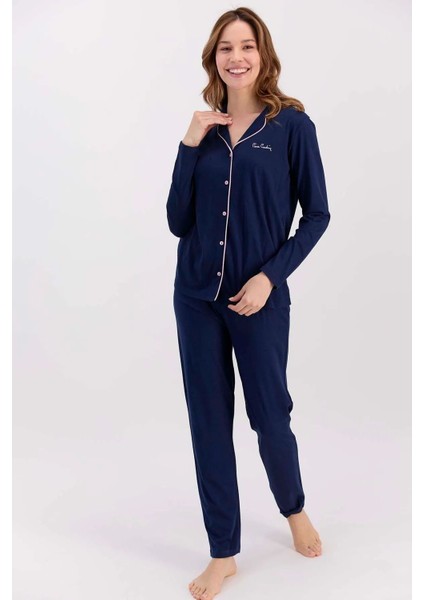 7717 Kadın Modal Uzun Kollu Önden Düğmeli Pijama Takımı-Lacivert