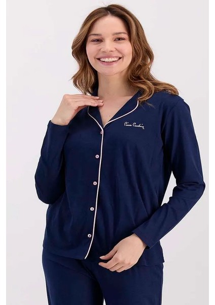 7717 Kadın Modal Uzun Kollu Önden Düğmeli Pijama Takımı-Lacivert fiyatları