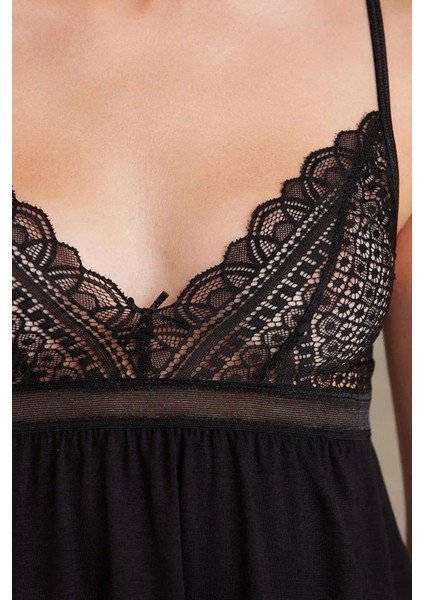 2820 Kadın Penye Dantelli Sabahlıklı Pijama Takım-Siyah modelleri