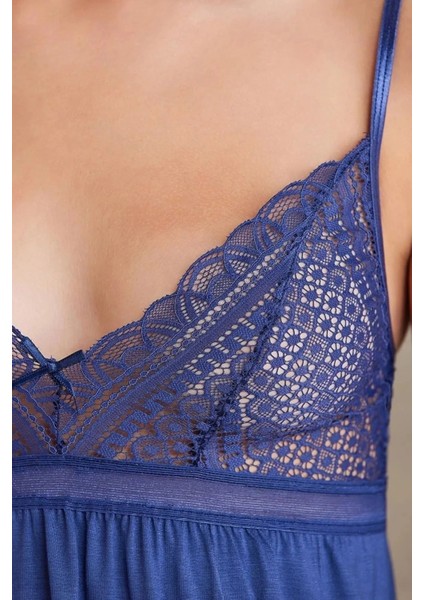 2820 Kadın Penye Dantelli Sabahlıklı Pijama Takım-Lacivert fiyatları