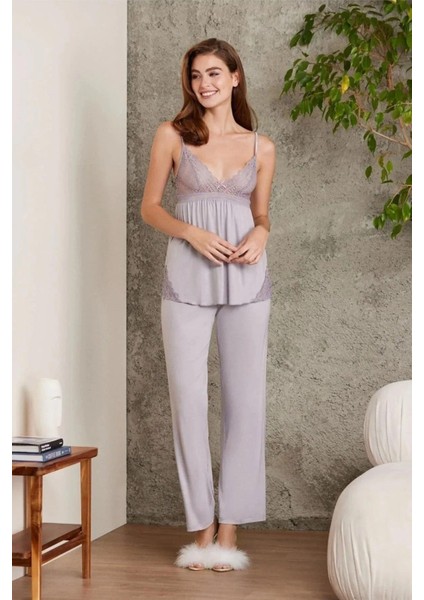 2820 Kadın Penye Dantelli Sabahlıklı Pijama Takım-Royal fırsatları
