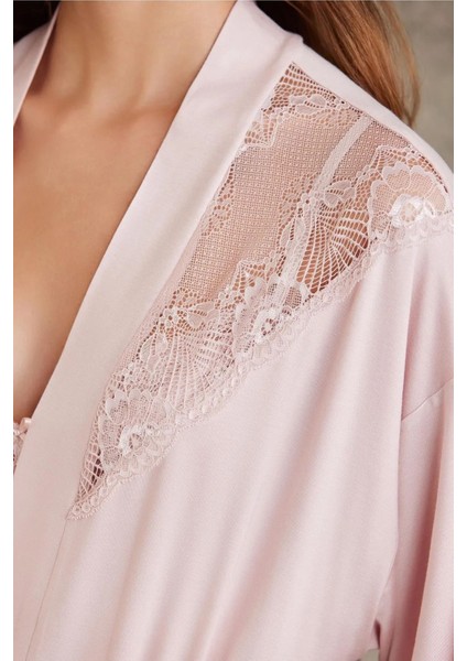 4010 Kadın Dantelli Penye Gecelik Sabahlık Takım-Pudra fiyatları