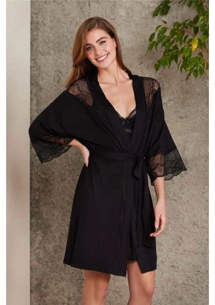 4010 Kadın Dantelli Penye Gecelik Sabahlık Takım-Siyah